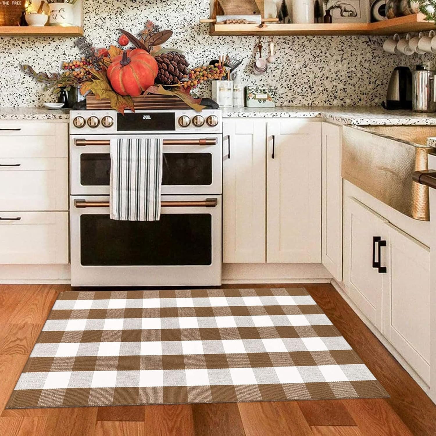 Fall Ourdoor Rug Farmhouse Brown and White Buffalo Check Rug Layered Welcome Door Mat for Front Porch Decor, Front Door, Farmhouse Decor(35.4''x59'', Coffee and White)