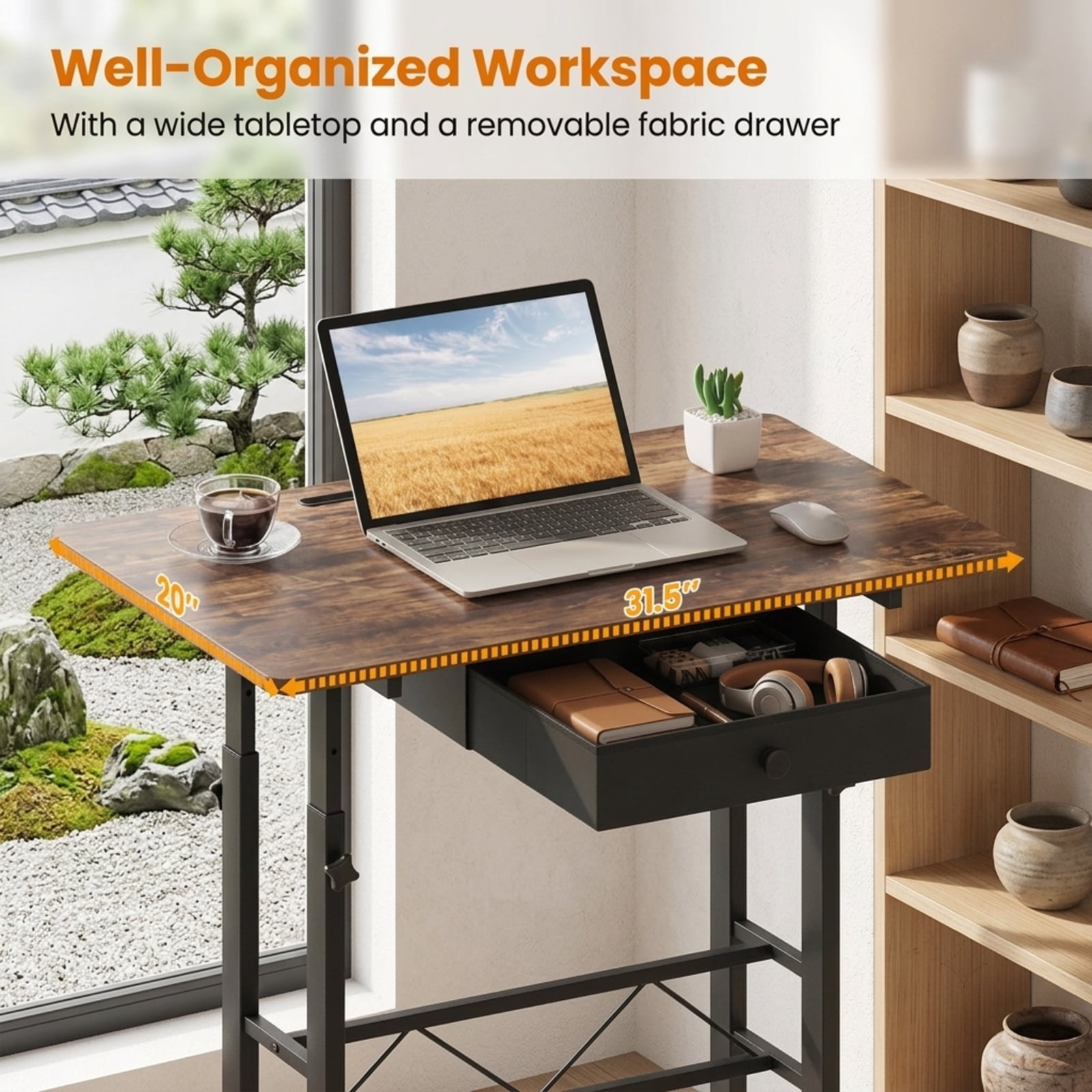 Furnibear Height Adjustable Standing Laptop Desk with Fabric Drawer Tablet Holder Lockable Wheels and Sit Stand Design for Home Office, Rustic Brown