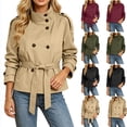thumbnail image 4 of AKOEE Cropped Trench Coat for Women with Belt Double Breasted Short Jacket High Collar Long Sleeve Outerwear (L, Army Green), 4 of 8