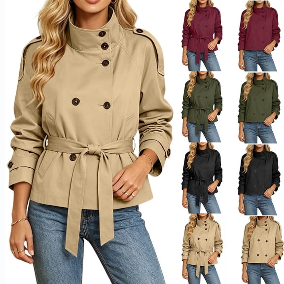 AKOEE Cropped Trench Coat for Women with Belt Double Breasted Short Jacket High Collar Long Sleeve Outerwear (M, Khaki)