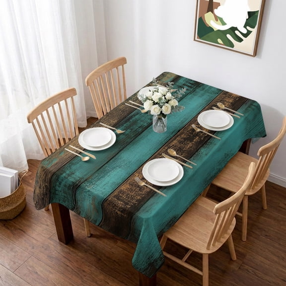 Vintage Teal Stripe Table Cloth Waterproof Tablecloths, Farmhouse Shabby Turquoise Tablecloth Dining Table Cover for Kitchen Party Tabletop Outdoor, Rectangle Tablecloth 60x84 Inch