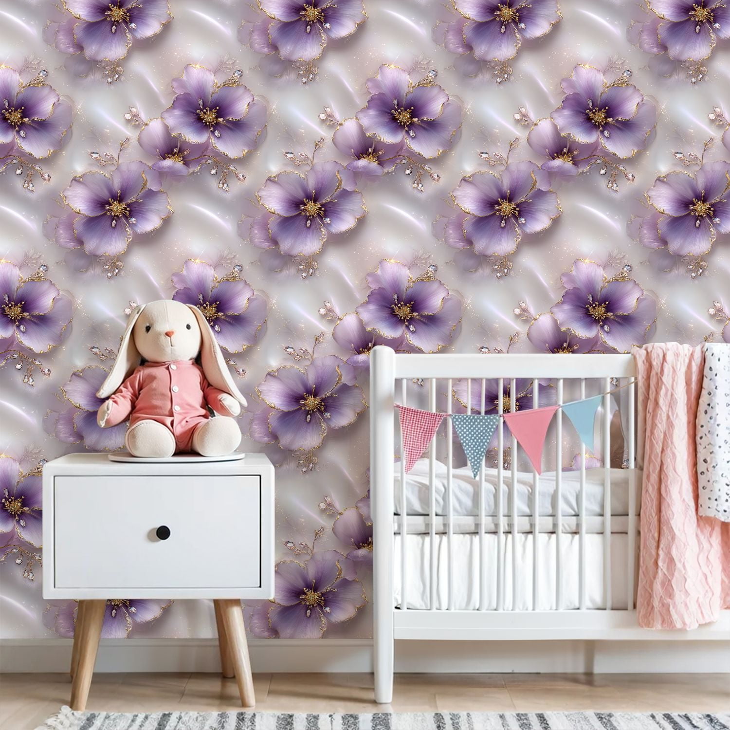 Peel and Stick Wallpaper Delicate Purple Floral Design Gold Accents Gemstone Wall Mural 23.6in x 9.8ft Self Adhesive Removable Wall Paper Renter Friendly Wallpaper for Nursery Bedroom
