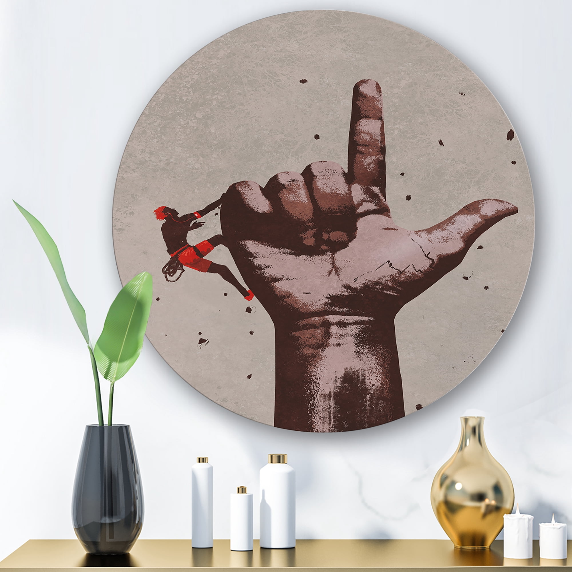 Designart 'Climber With Finger Pointing Up Sign' Modern Circle Metal Wall Art 23x23 - Disc of 23