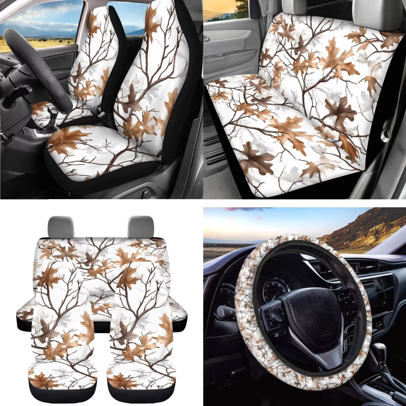 Uorisanigo Camo Hunting Forest Set of 15 Car Seat Covers Full Set with Steering Wheel Cover Seat Belt Pad Car Trash Car Hanging Air Vent Storage Box Rearview Mirror Cover Cup Coasters Keychain Decor