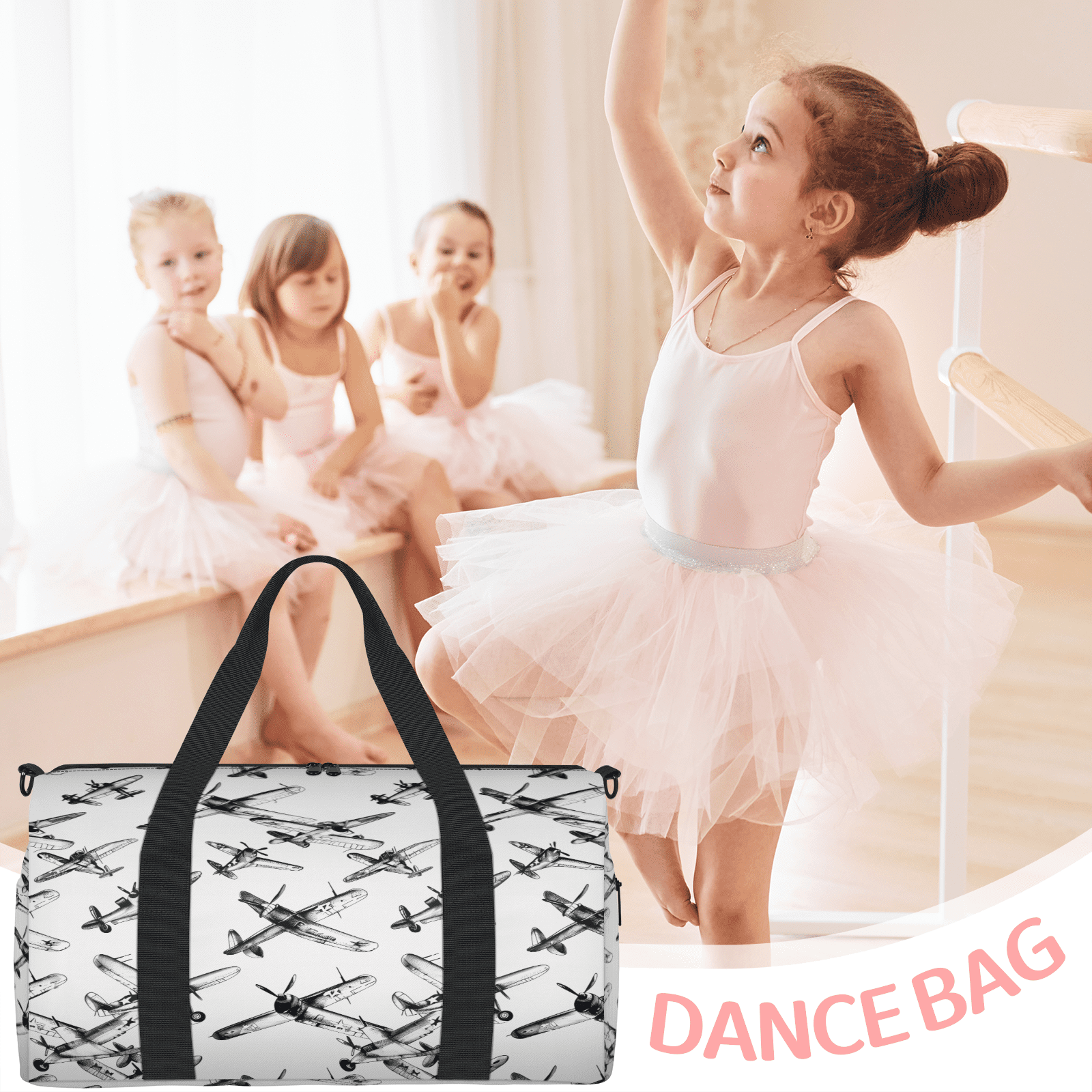 Herdesigns Airplane Pattern Travel Duffle Bag Sports Yoga Weekender Overnight Carry on Workout Bags Lightweight Waterproof Gym Tote Bag for Women