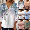 thumbnail image 3 of UKAP Blusas florales para mujer, camisas con botones, manga 3/4, cuello en V, blusa frontal plisada, camisetas casuales de verano, 3 of 3