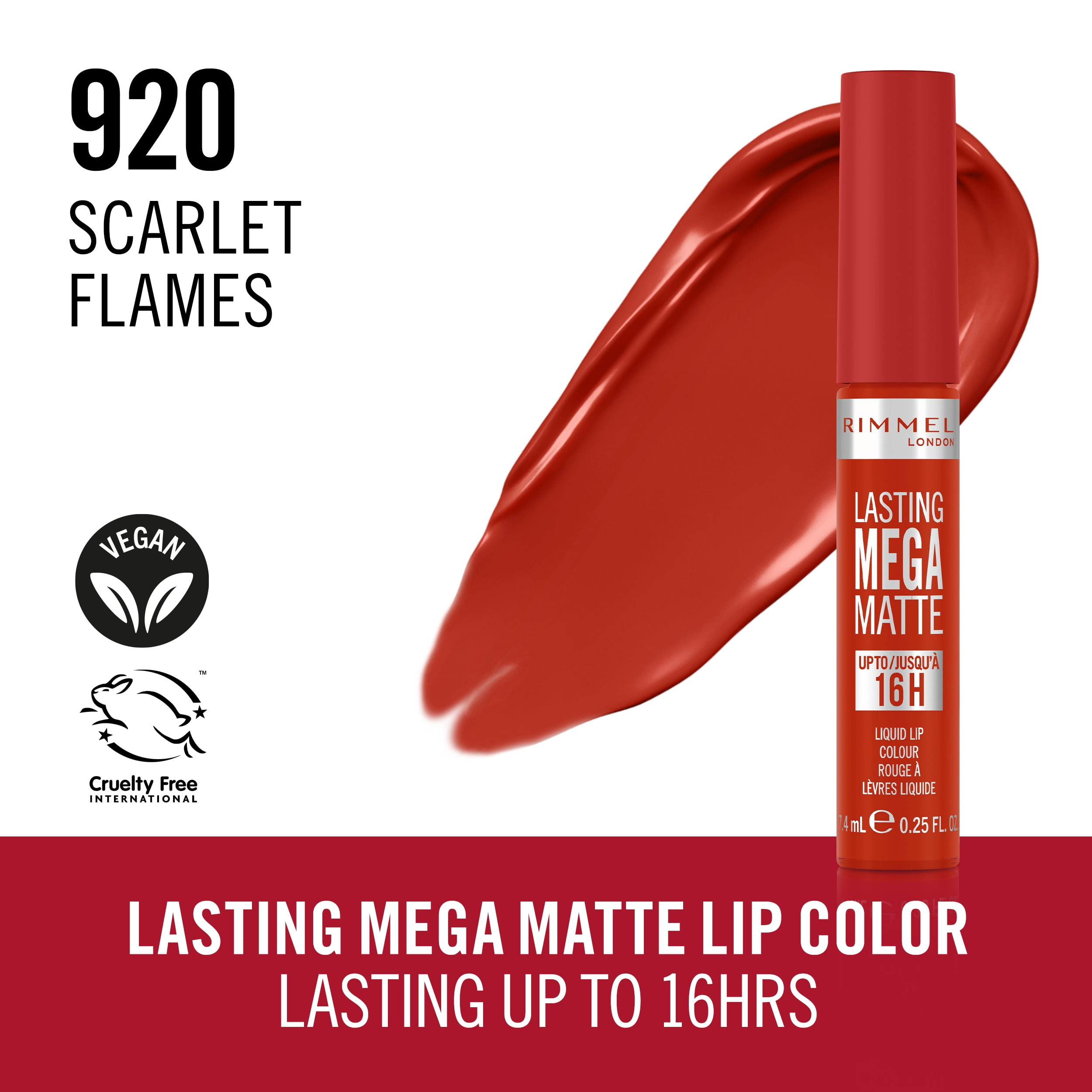 RIMMEL Lasting Mega Matte Liquid Lipstick, 920 Scarlet Flames, 0.25 fl oz