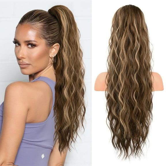 Ponytail Extension, 26 Inch Drawstring Ponytail Hair Extensions for Women， Long Curly Wavy Ponytail Natural Synthetic Hairpiece for Women (26" Deep Brown with Dirty Blonde)