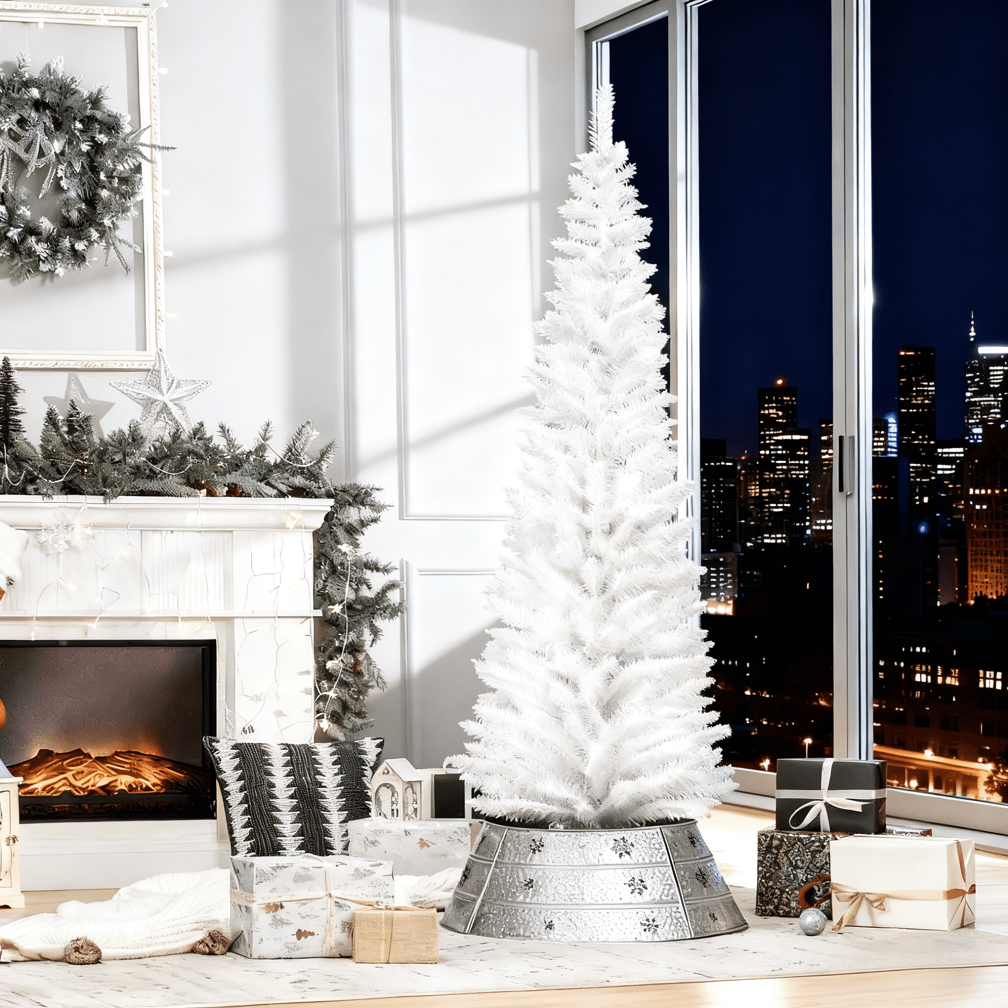 6ft Unlit White Pencil Christmas Tree 390 Tips Easy Assembly Plastic Base Small Space Holiday Decor
