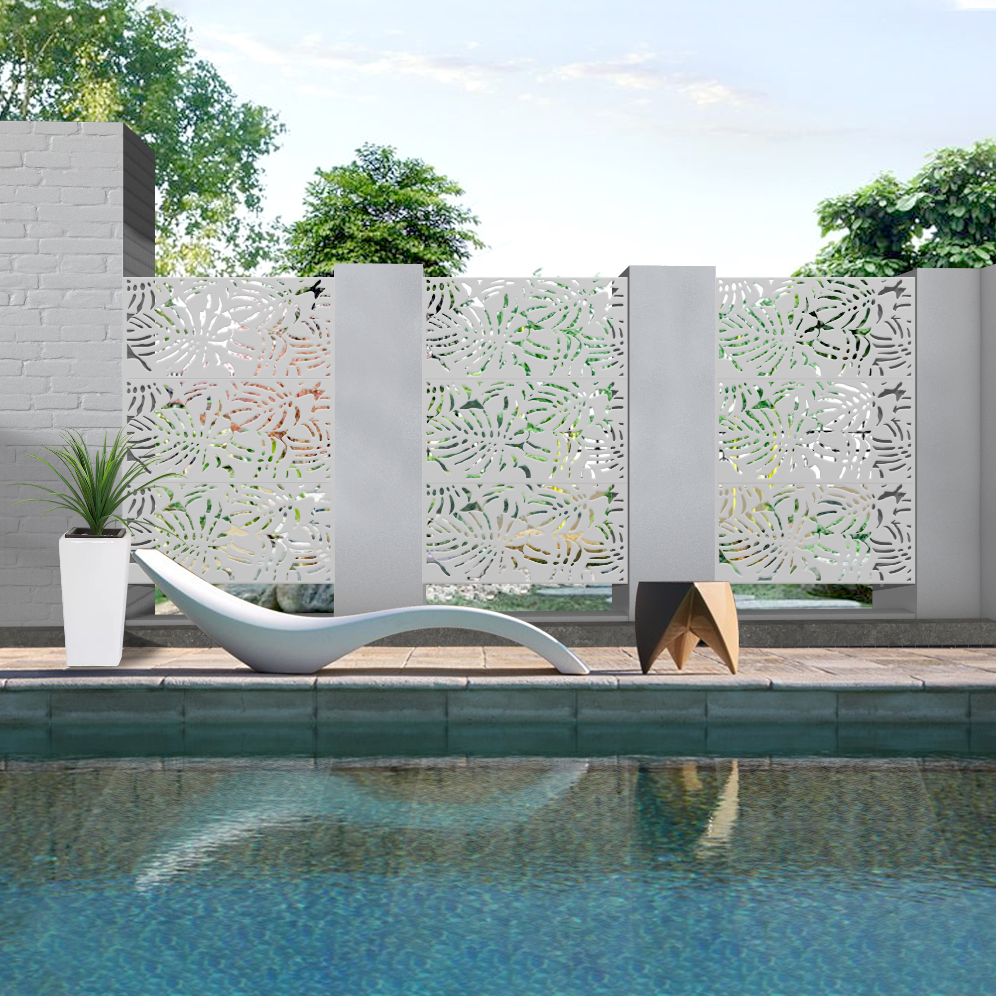 MAYEERTY 72×47" Outdoor White Metal Privacy Panel Screen for Backyard & Garden, Monstera Pattern