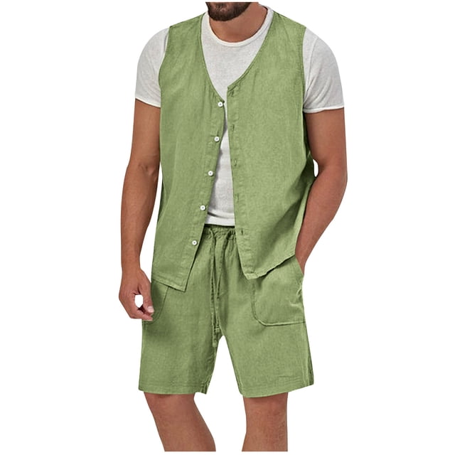 Snorda Men's Solid Color Button-Up Waistband Tank Shorts Two-Piece Crew-Neck Tank Suit