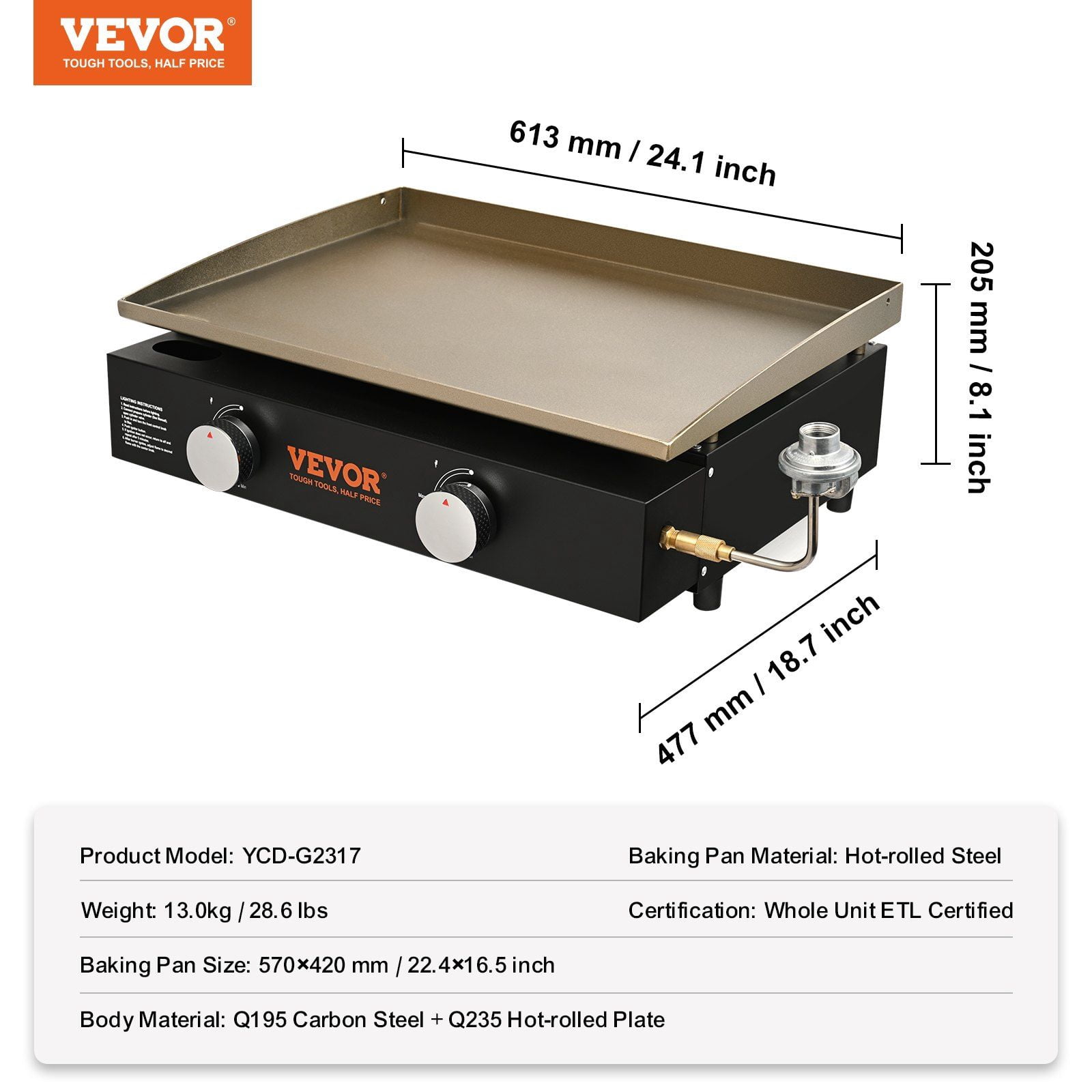 22.4" Heavy Duty Commercial Griddle, Gas Flat Top Grill with Non-Stick Surface, 22,000 BTU H-Shaped Burner, Portable LPG Countertop Griddle for Restaurant & Home Use