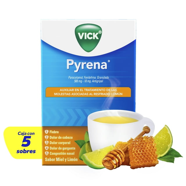 Vick Pyrena Alivio y confort para los síntomas de la gripa 5 sobres miel-limón