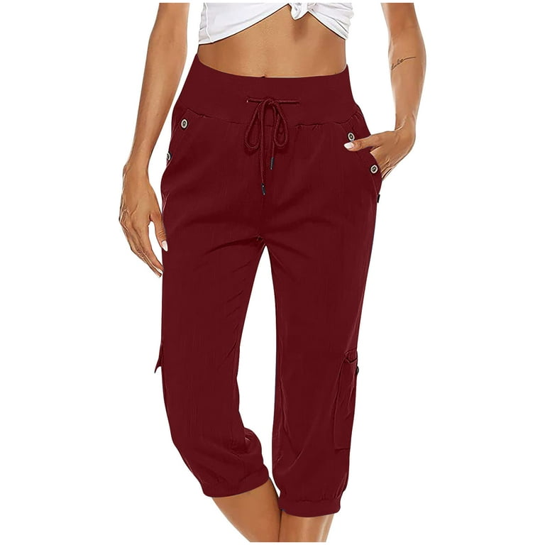 Capris for Women Summer/Fall Casual Drawstring Elastic High Waist Linen  Pants with Pockets Wide Cropped Leg Loose Trousers 2023 Womens Cotton Linen  Pants, Wine&L 
