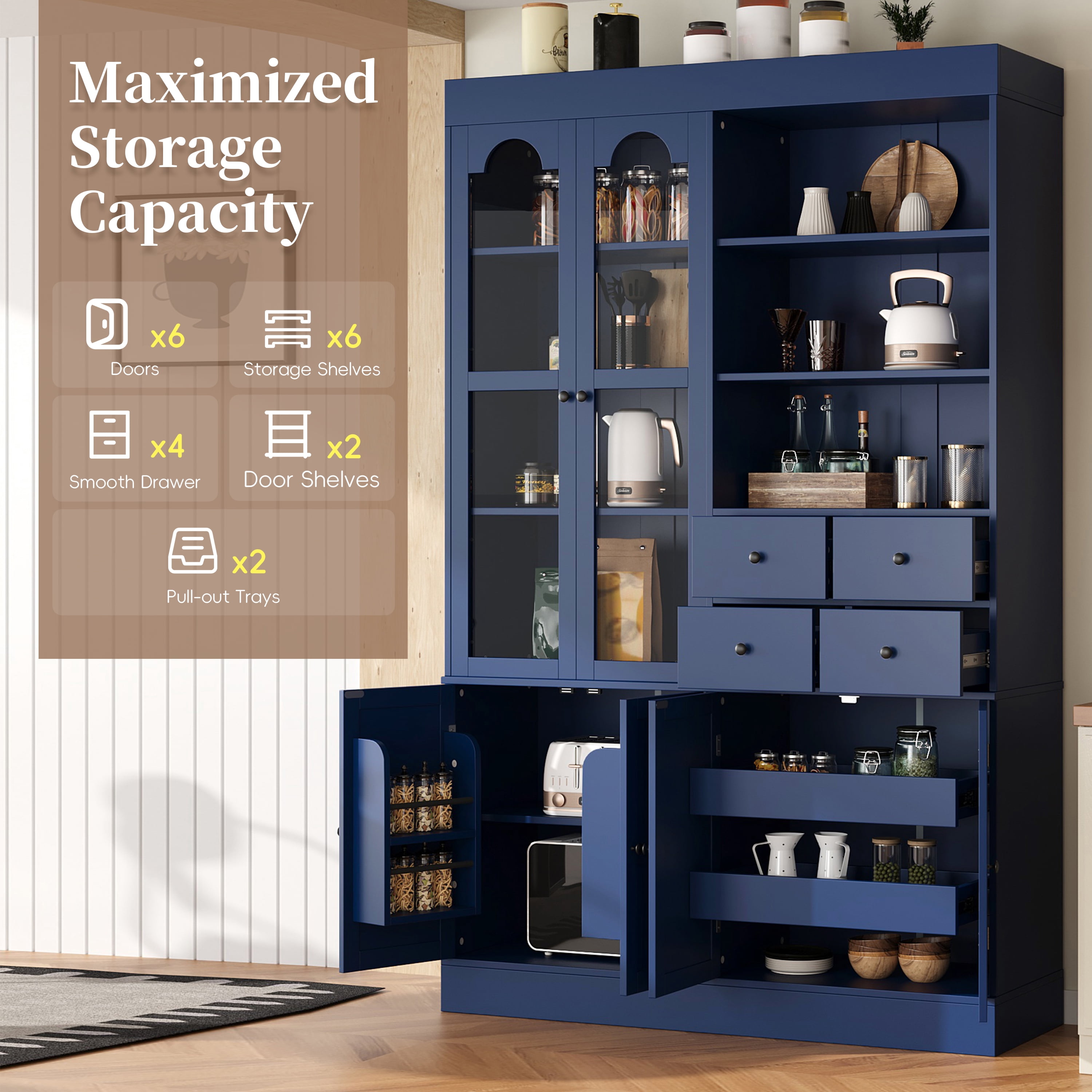 Euroco 47.2x15.7x75inch Freestanding Buffet with Hutch, Tall Kitchen Pantry Cabinet with 4 Drawers, Door Shelves and Pull-out Trays for Dining room, Living Room, Blue