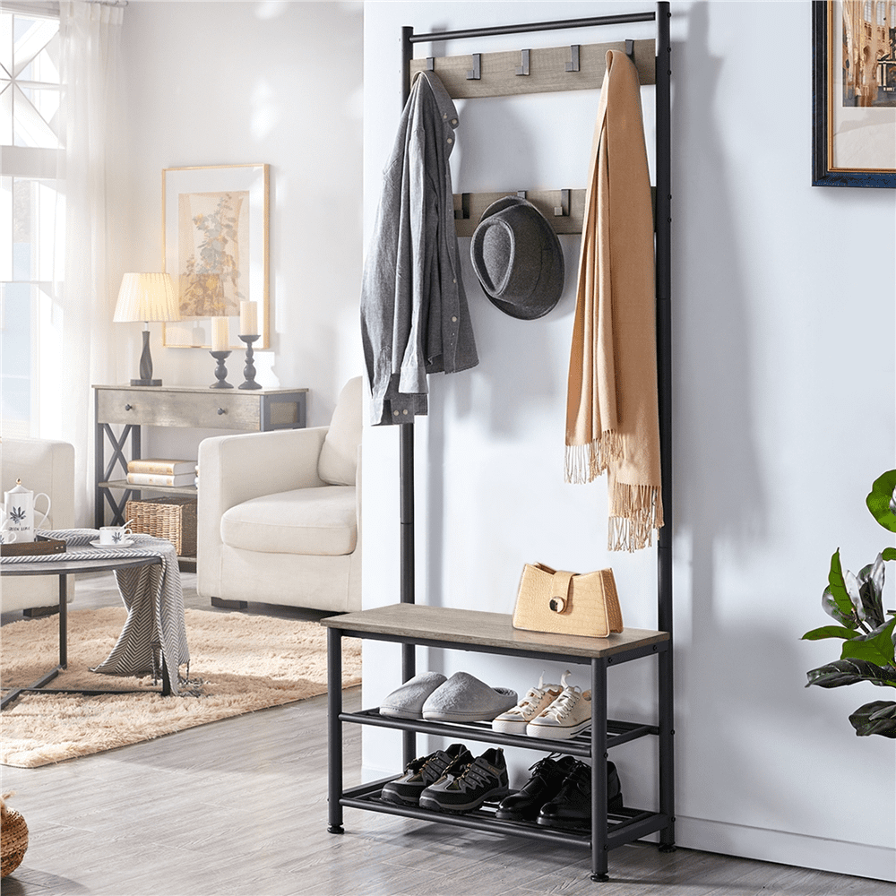 Alden Design 73" Metal Hall Tree with Shoe Storage Bench, Rustic Gray