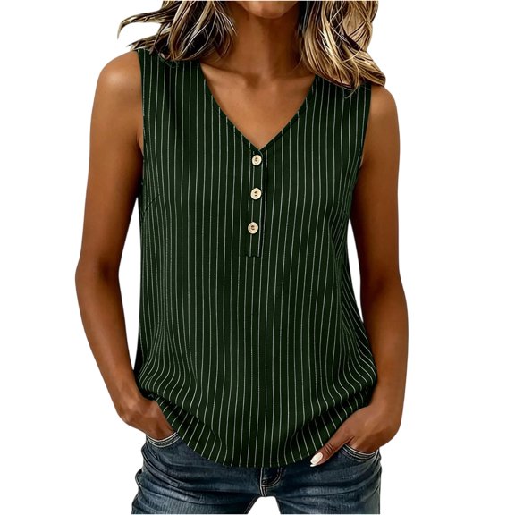 Hearthz Women's Striped V Neck Sleeveless Tops for Women 3 Buttons Henley Curved Hem Plus Size Tank Tops for Women Lightweight Textured Vest
