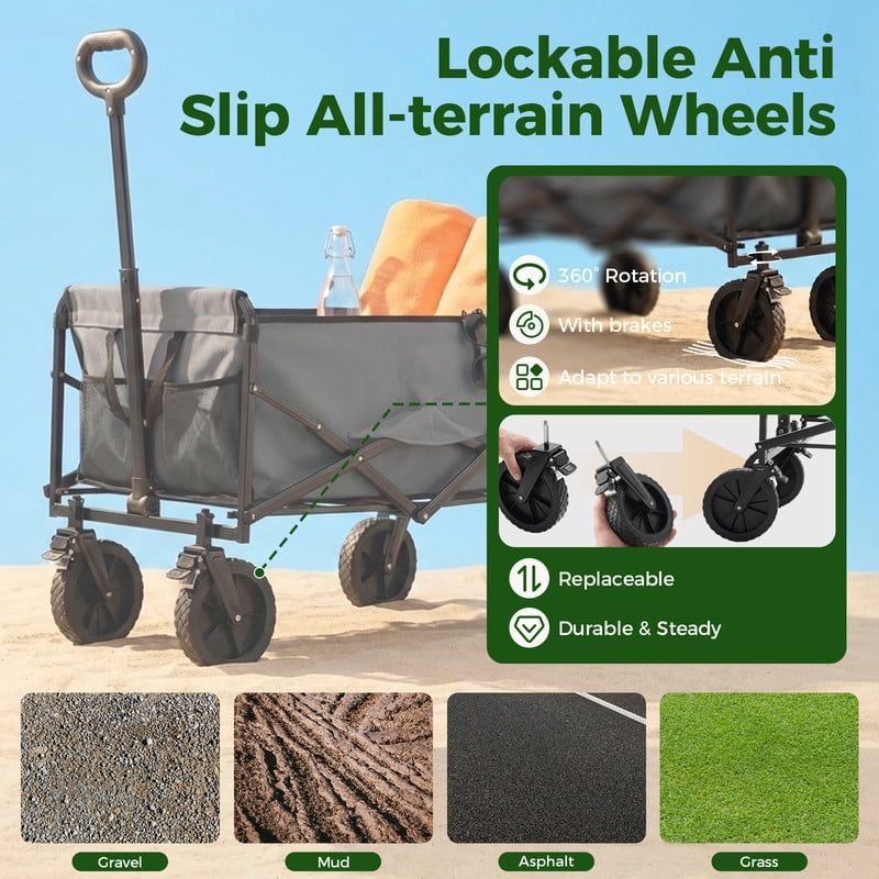 Gianna Collapsible Folding Wagon, Heavy Large Capacity Garden Wagon, Big Bucket Beach Cart with Multi-Terrain Brake Wheels for Outdoor Camping, Shopping, 37" X 21" X 38"，Gray