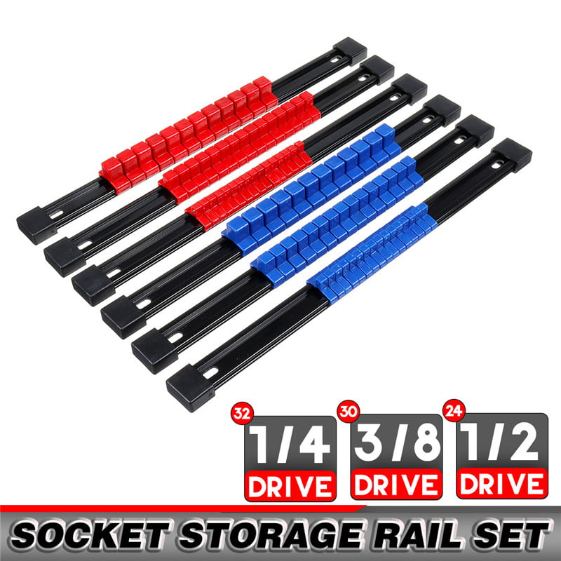 6pc Socket Organizer Mountable Sliding Holder Rail Rack Tool Storage 1/4 3/8 