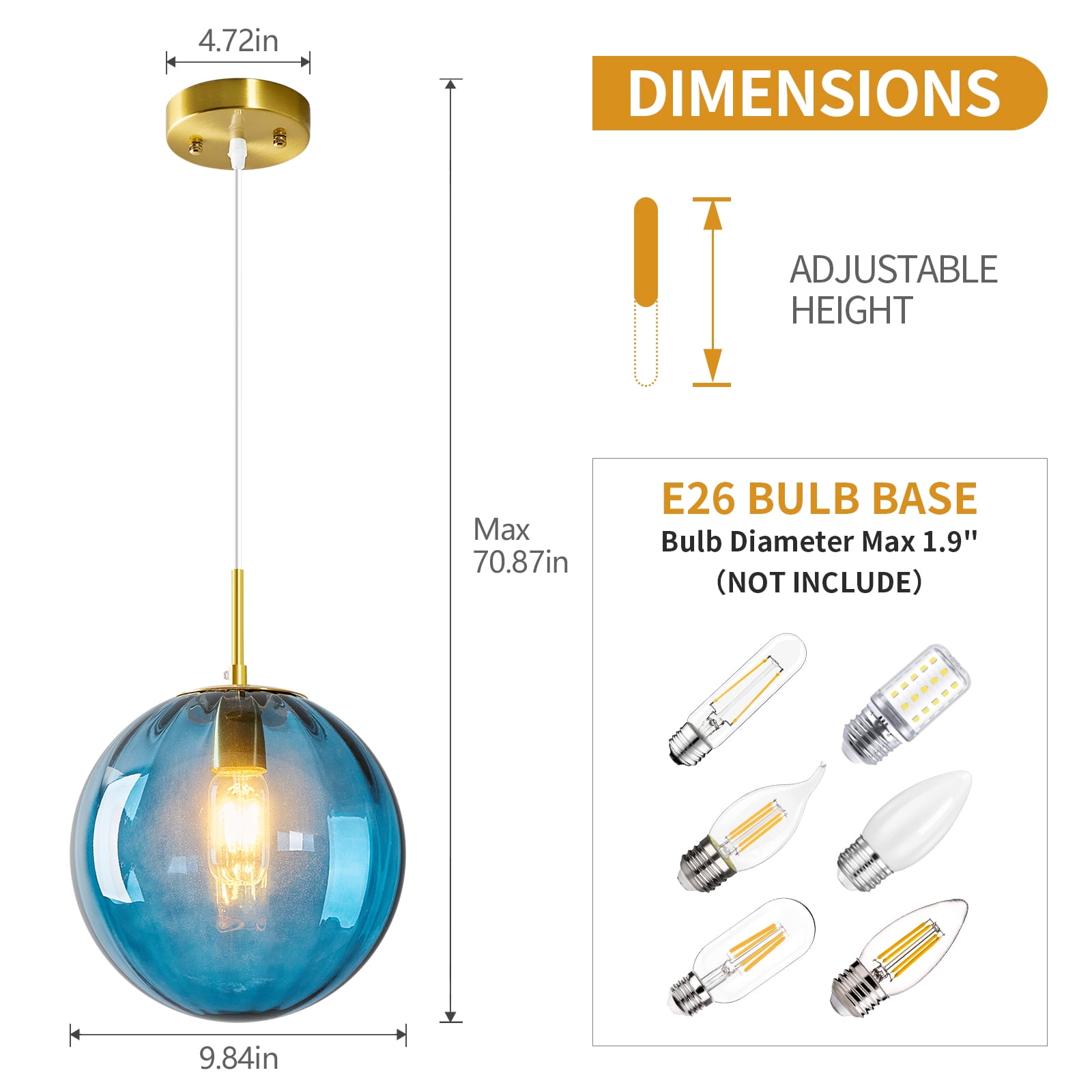 Gold Globe Pendant Lights Blue Glass Pendant Light Fixtures for Bedroom Dining Room Kitchen Island（9.84in，1-Pack）