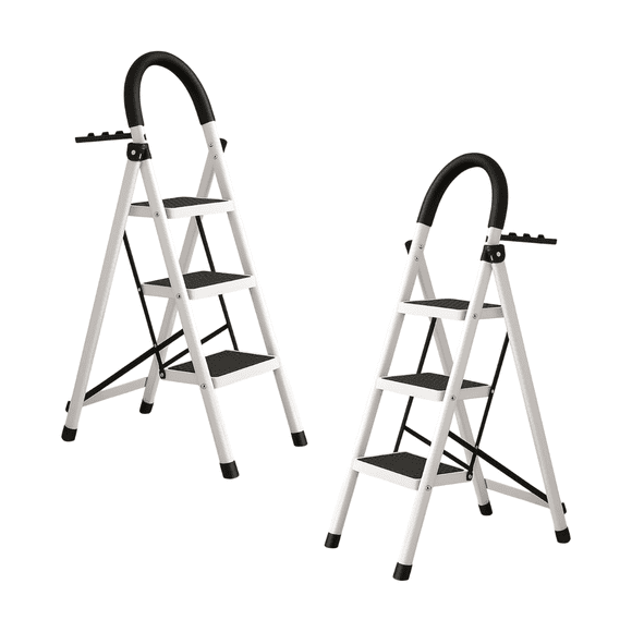Set de 2 Escaleras Plegables Multifuncionales Bluelander, Tubular 3 Peldaños, Antideslizante, Blanco