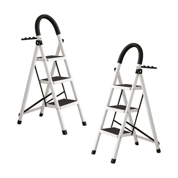 Set de 2 Escaleras Plegables Multifuncionales Bluelander, Tubular 3 Peldaños, Antideslizante, Blanco