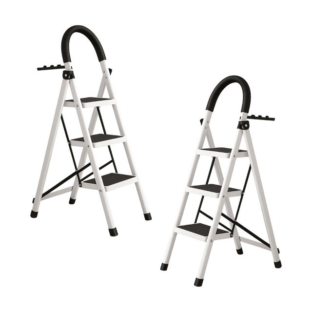 Set de 2 Escaleras Plegables Multifuncionales Bluelander, Tubular 3 Peldaños, Antideslizante, Blanco
