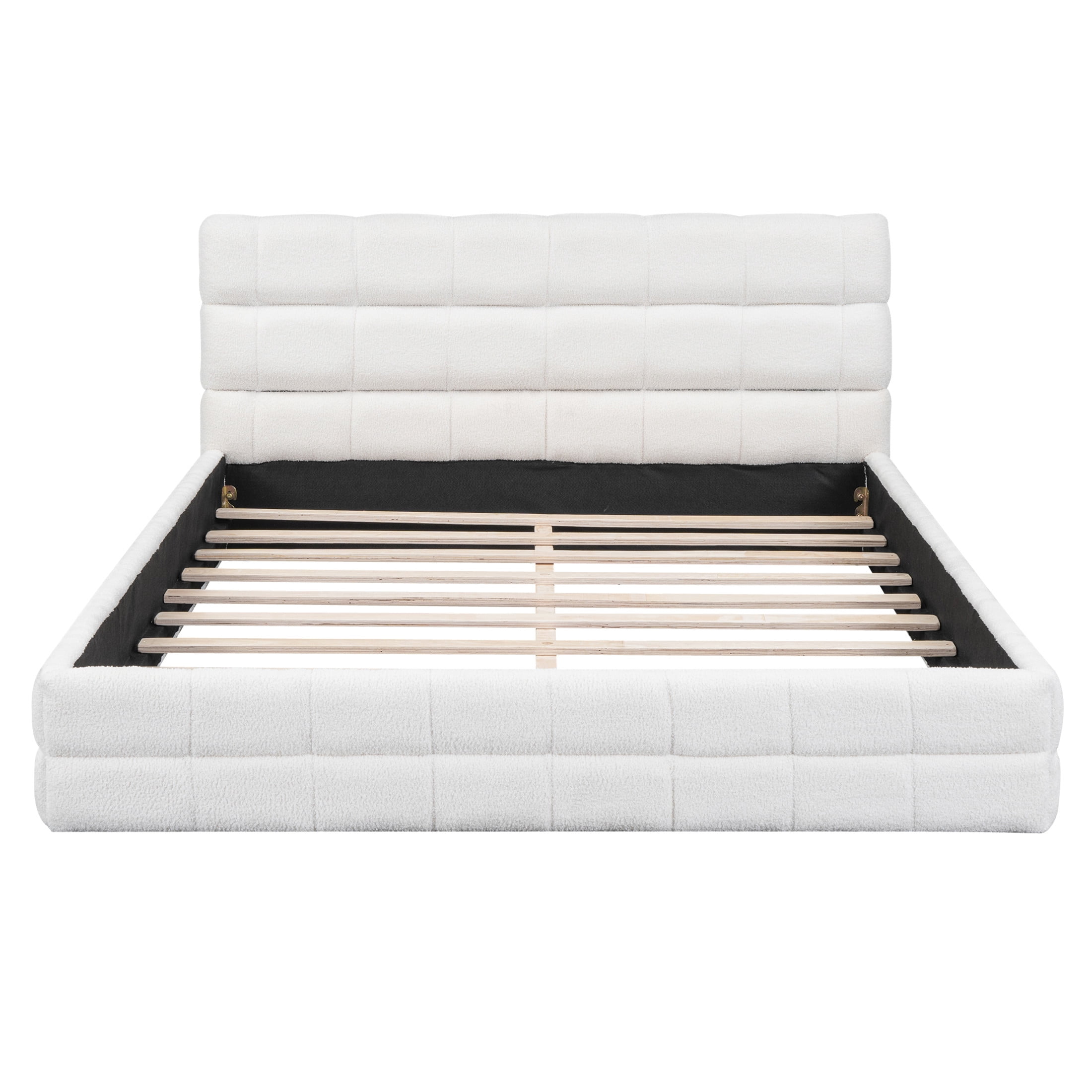 Noble House Queen Upholstered Platform Bed, Modern Velvet Headboard with Wood Slats Support, Bedroom Bed Frame, White