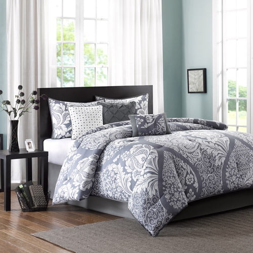 7 Piece Luxury Comforter Set In Damask Gray California King Walmart Com Walmart Com