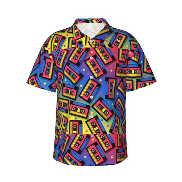 Balery Vintage Audio Cassettes Camisas hawaianas de manga corta para hombre, camisas playeras de corte holgado, camisas de vacaciones con botones,Small