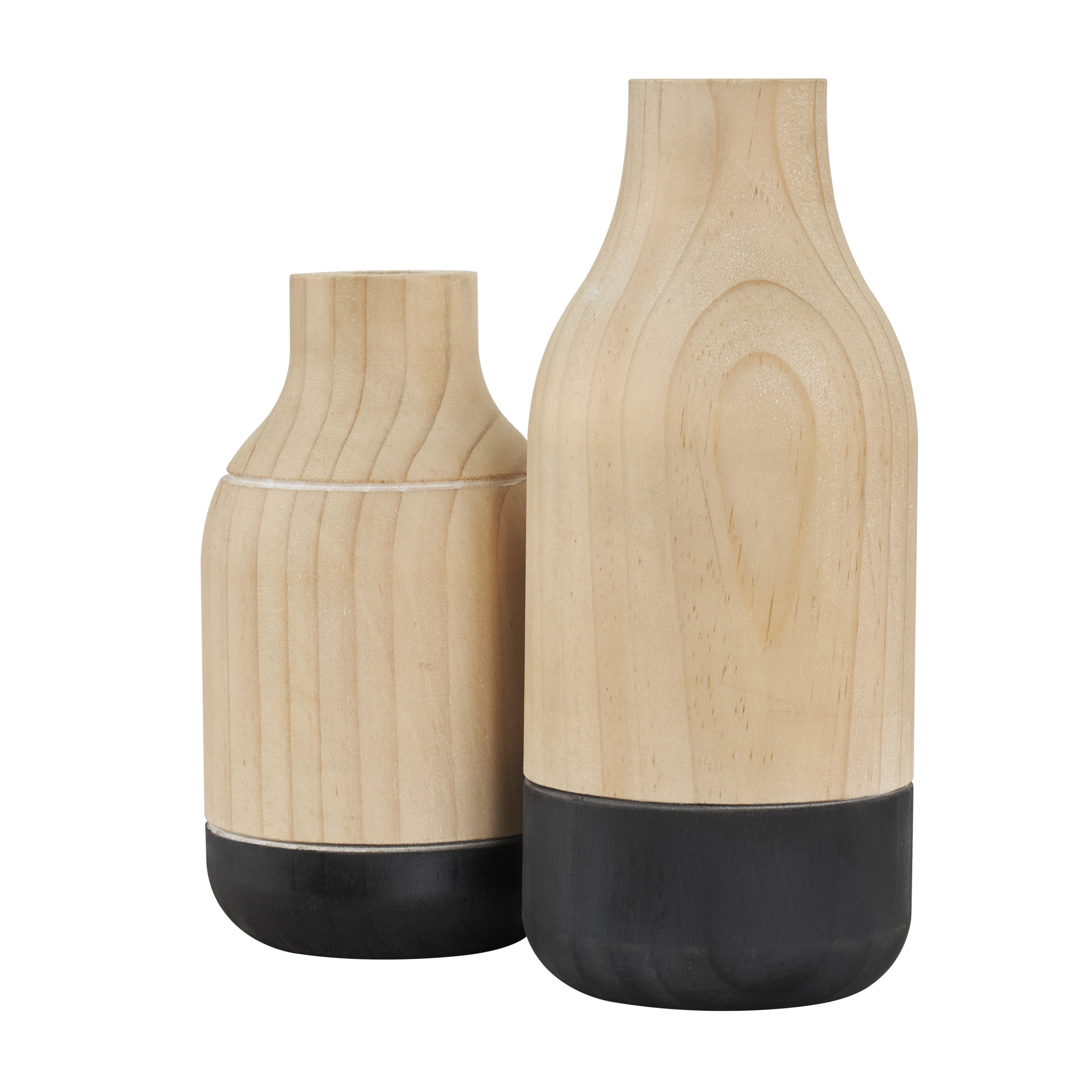 DecMode 9", 7"H Colorblock Light Brown Wood Vase with Black Bases, Set of 2