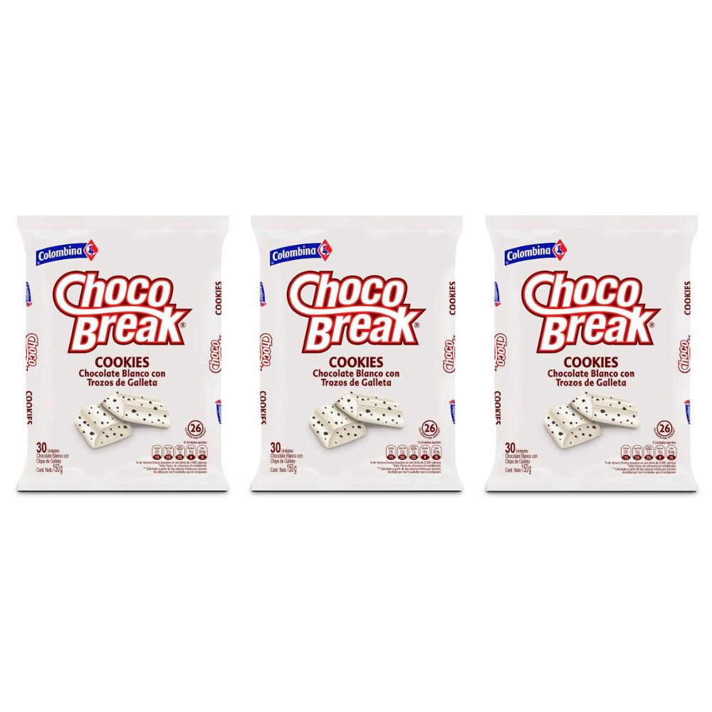Chocobreak (Pck of 3) a colombian white Chocolate filled with cookies Bag of 30 Colombian Candy Colombian Snack food Dulce colombiano Mekato Colombiano Colombian gift