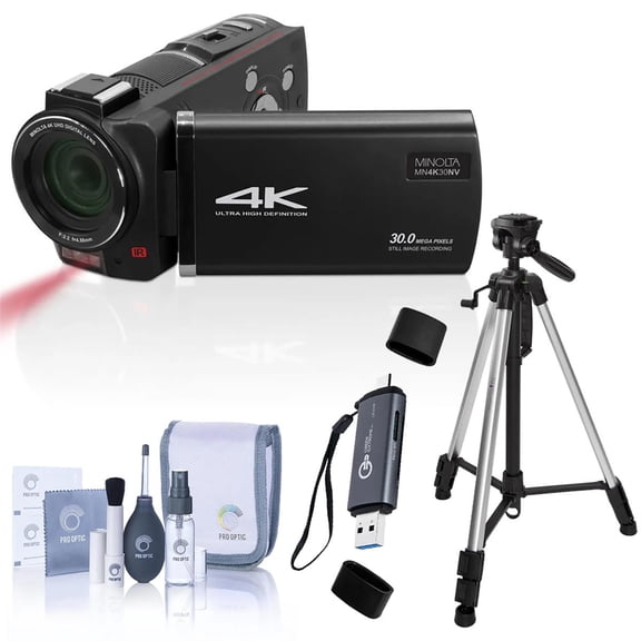 Minolta MN4K30NV 4K Ultra HD 30MP 3' Touchscreen Night Vision Camcorder with 4.88mm f/2.2 Lens, Black with Aluminum 3-Section Tripod with 3-Way Head, 61' Max Height, Complete Optics Care