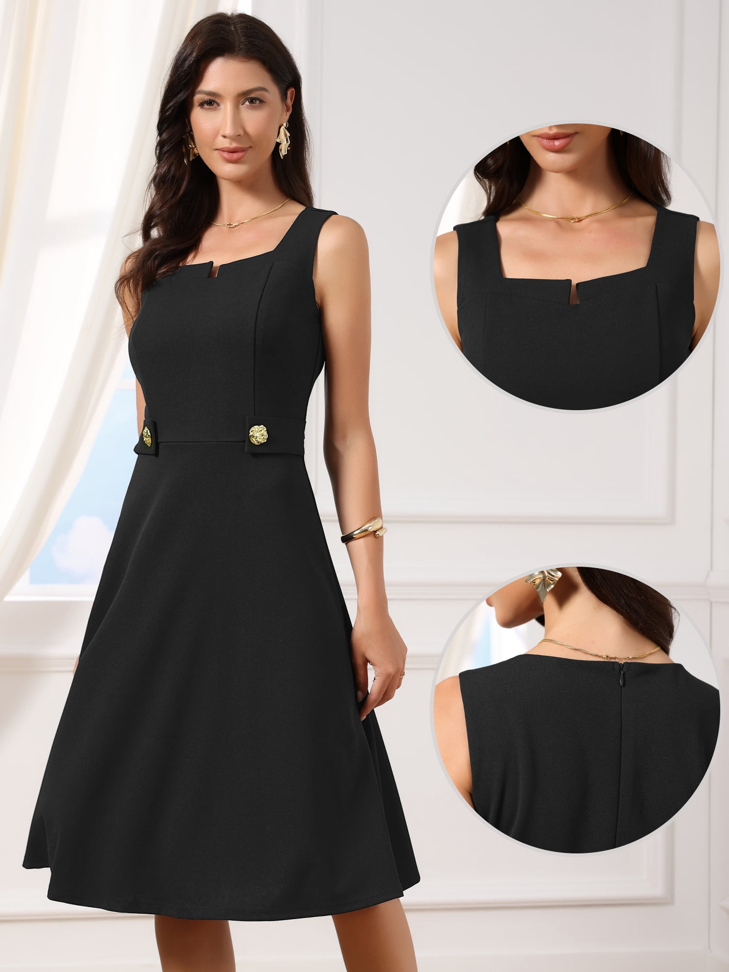 DARING DIVA Women's Vintage Sleeveless Square Neck Midi Dress S Black