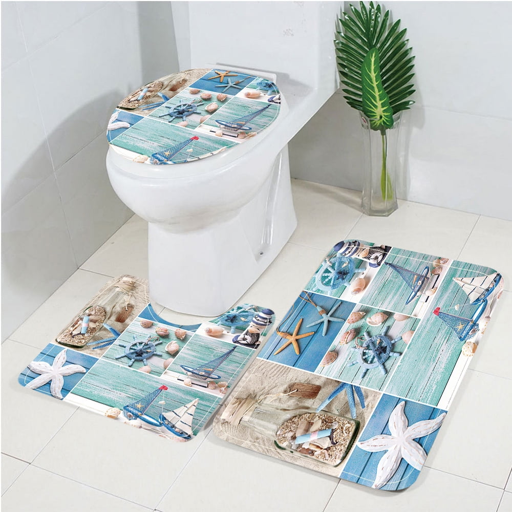 3pcs Ocean Beach Bathroom Rug Mat Set with Contour Mat Toilet Lid Cover Nautical Theme Pedestal