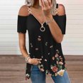 thumbnail image 2 of Hinvhai Women Summer Zipper V-Neck Short Sleeve Print Strapless T-Shirt Tops Blouses Black 10(XL), 2 of 5