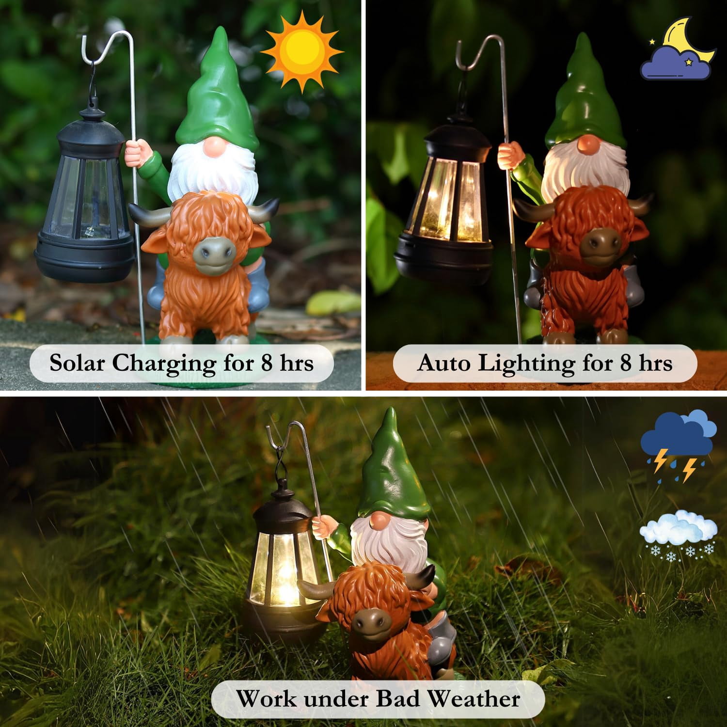 Garden Gnomes Outdoor, Highland Cow Decor, Gnomes Cow Decor for Outside, Gnomes Decorations for Yard, Gnome Garden Decor with Solar Lights, Outdoor Solar Garden Statues, Gnomes Gifts for Women