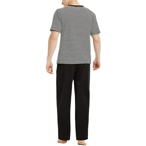 Mens 2pcs Set Fashion Horizontal Striped Pajama Set Summer Stripe Short  Sleeve Tops+ Solid Long Pants Loose Trousers Sleepwear 