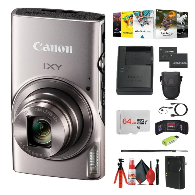 Canon IXY 650 HS Compact Camera 12x Zoom Silver Bundle with 64GB Card, Charger, Card Reader, Tripod, Cleaning Kit (International Model)