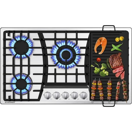 36 inch Gas Cooktop with Griddle, Bulit-in Gas Stove Top with 5 Burner, NG/LPG Convertible Cooktops, 5 Burner Propane Cooktop with Thermocouple Protection, Stainless Steel