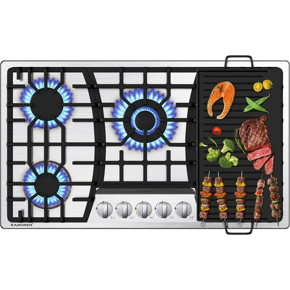 36 inch Gas Cooktop with Griddle, Bulit-in Gas Stove Top with 5 Burner, NG/LPG Convertible Cooktops, 5 Burner Propane Cooktop with Thermocouple Protection, Stainless Steel