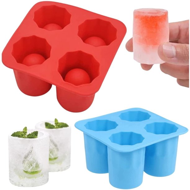 Keepaty Paquete de 2 Bandejas de Cubitos de Hielo de Silicona 4 Bandejas de Cubitos de Hielo Grandes para Bar de Verano Fiesta Cerveza Bebidas de Hielo Accesorios (rojo + Azul). Afortunado Sencillez