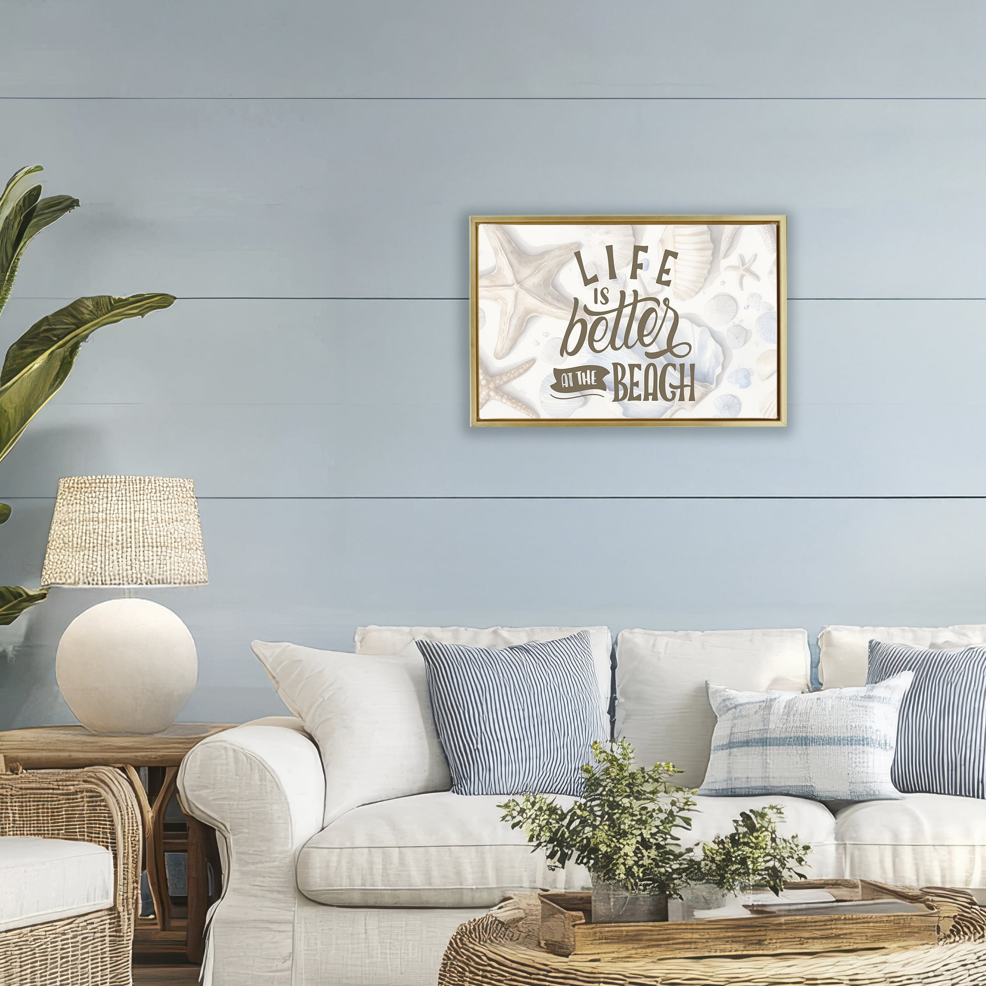Stupell Industries Better At Beach Seashells Gold Framed Floater Canvas Wall Art, design by Kim Allen