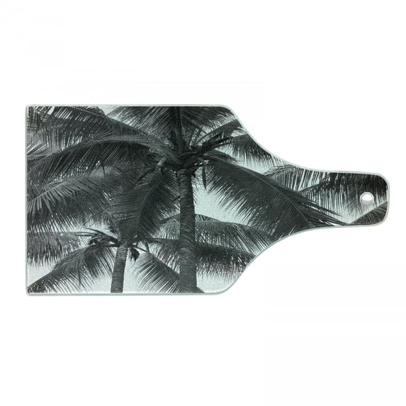 Palm Tree Cutting Board, Palm Tree Silhouette Exotic Plant on Dark Theme Foliages Relaxing in Nature Image, Decorative Tempered Glass Cutting and Serving Board, Wine Bottle Shape, Black, by Ambesonne