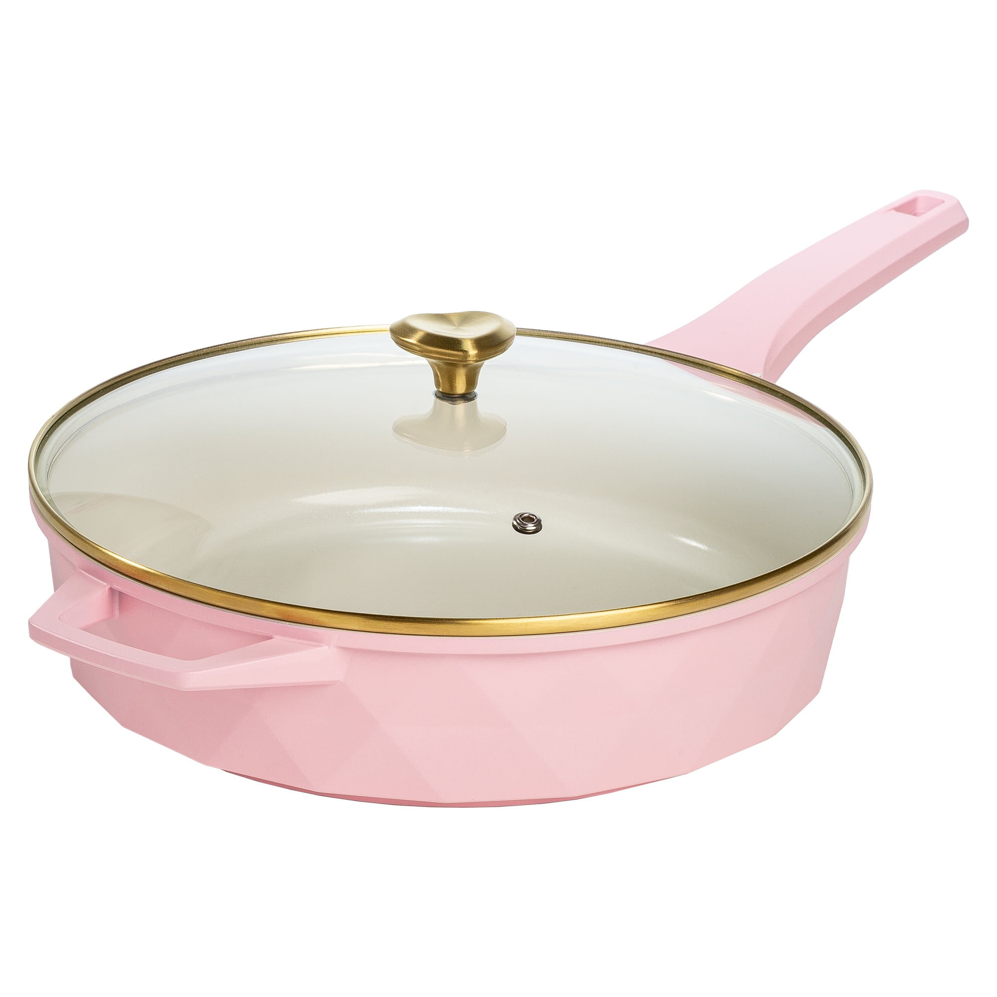 Paris Hilton 4 Quart Ceramic Nonstick Jumbo Cooking Pan Skillet for Sauteing & Frying with Heart Shaped Lid Knobs, Pink