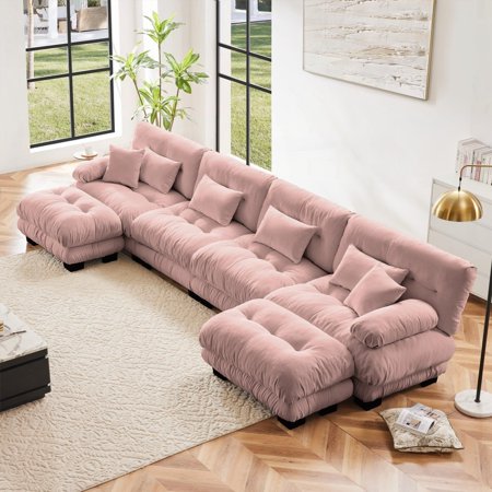 Living Room 4-Seater Comfy Cloud Couch - U Shaped Sectional Sofa with 2 Ottomans in Chenille Pink