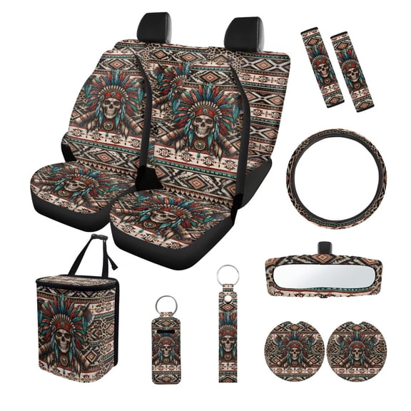 LedBack Aztec Skull Print Car Seat Covers Full Set with Accessories High Back Front Back Car Seat Covers with Steering Wheel Cover Safety Belt Pads Rearview Mirror Cover Garbage Bag
