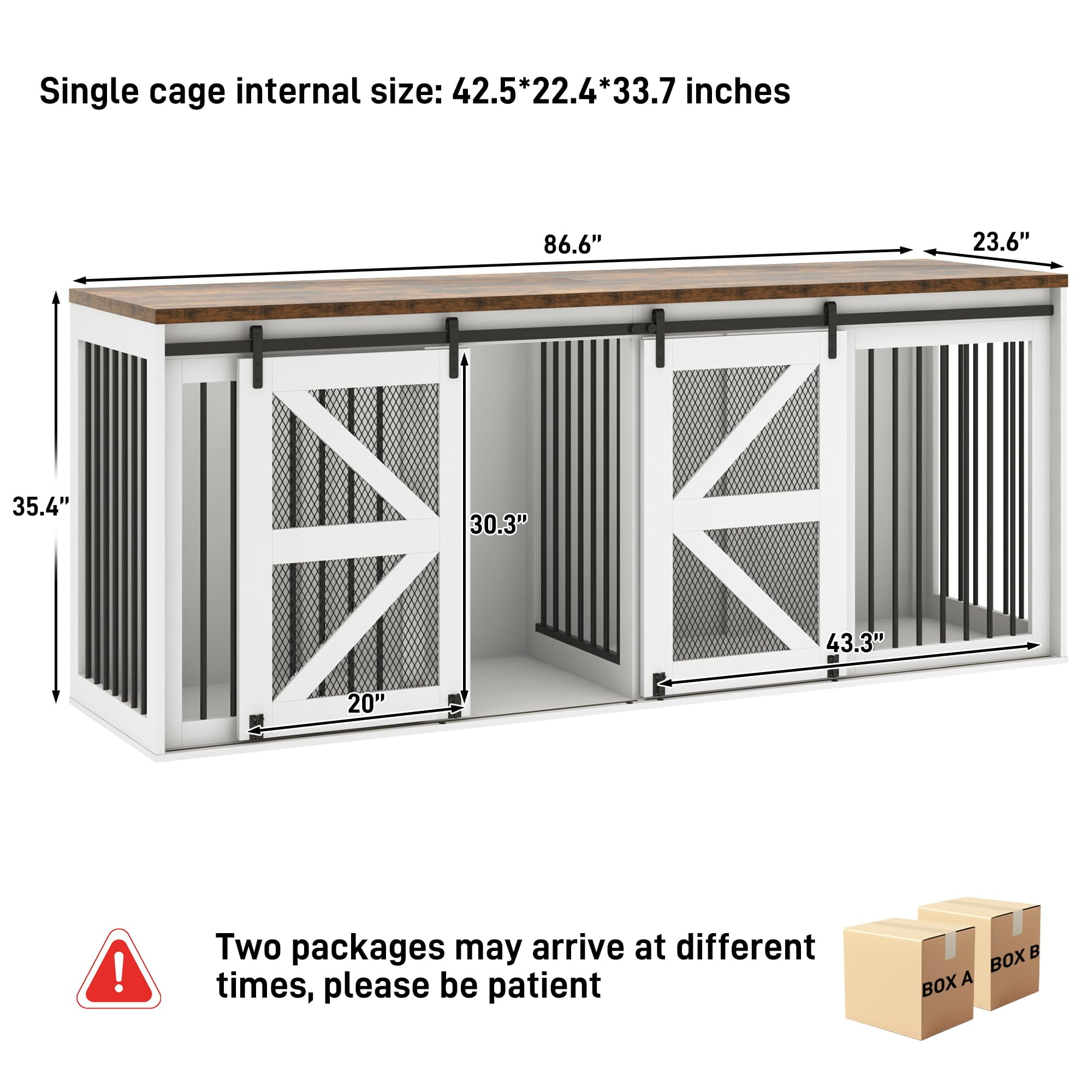 Blotout 87" Large Farmhouse Dog Crate TV Stand, Wooden Dog Crate Furniture with with Divider Panel/Sliding Metal Mesh Barn Door, XL-XXL Heavty Duty Dog Crates Furniture for 2 Medium or Large Dogs