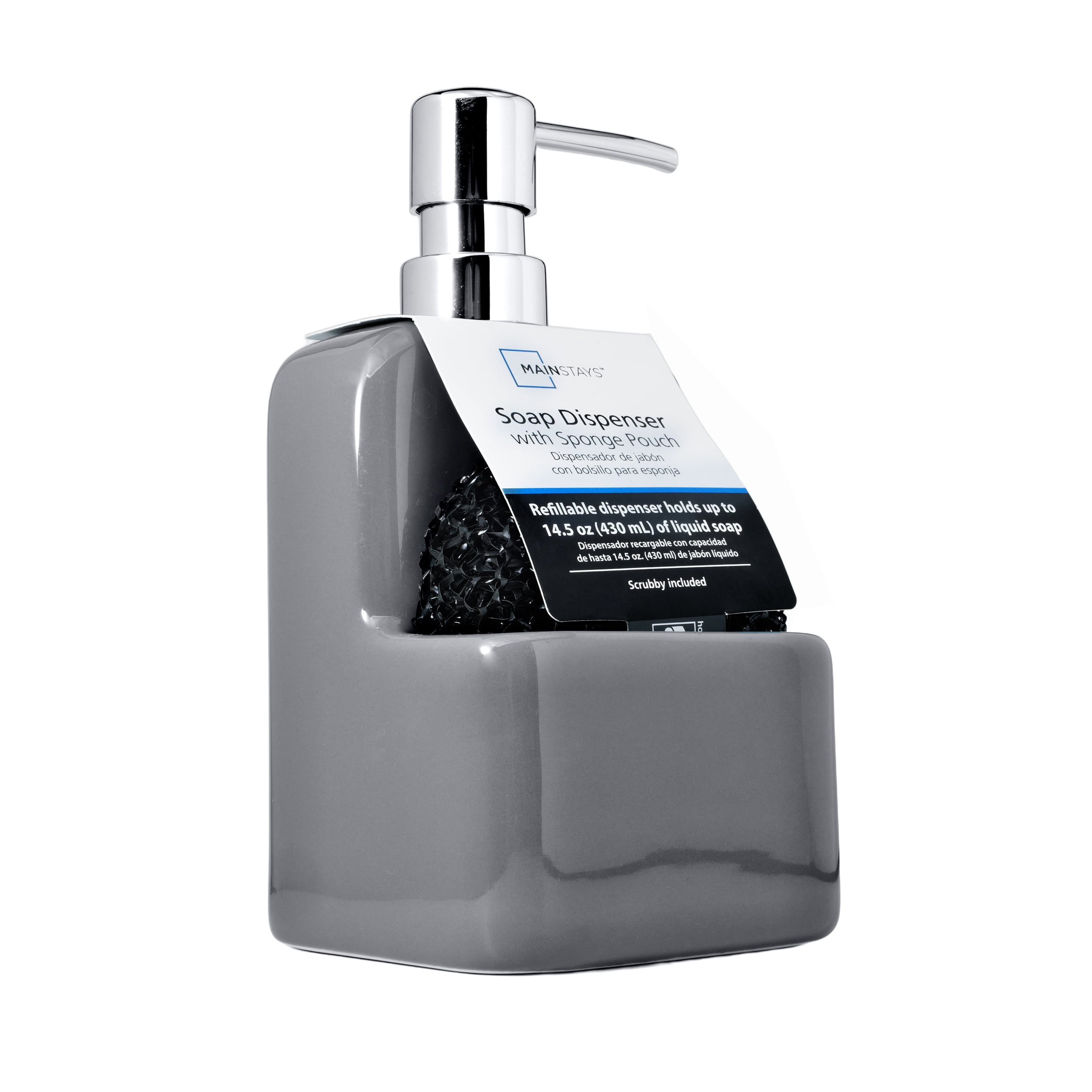 Mainstays Liquid Soap Pump with Sponge Caddy, Gray Ceramic, Single, Well Suited to Kitchen Organization and Accessibility