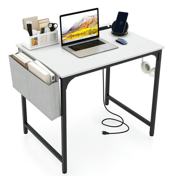 YYAo Computer Desk,Writing Table Workstation Gaming Desk,32 Inch Computer Desk Small Home Office Desk with Charging Station-White
